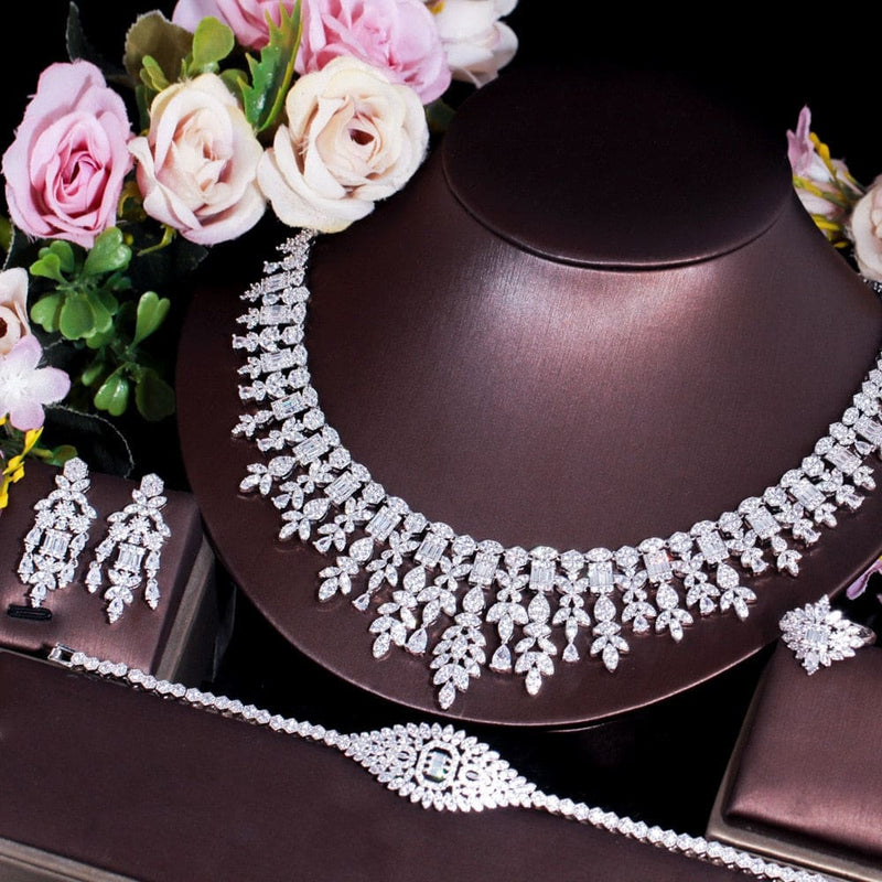1pc Necklace And 1pair Earrings Luxury Bridal Jewelry Set With Sparkling  Cubic Zirconia, For Party And Wedding