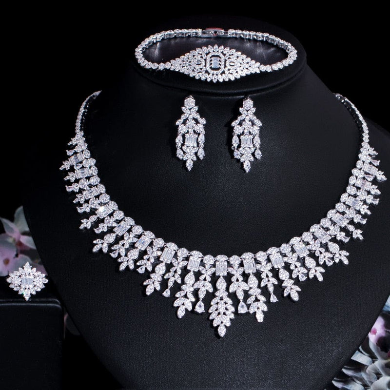 Fyuan Jewelry Store Luxury Necklace Earrings Sets Crystal Weddings Bridal Jewelry Accessories Silver